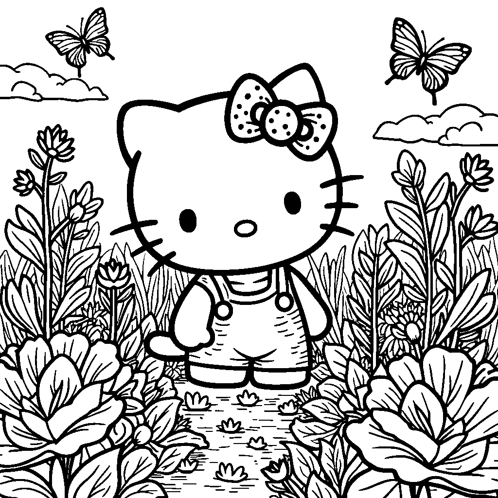 Hello Kitty in a garden filled with catnip