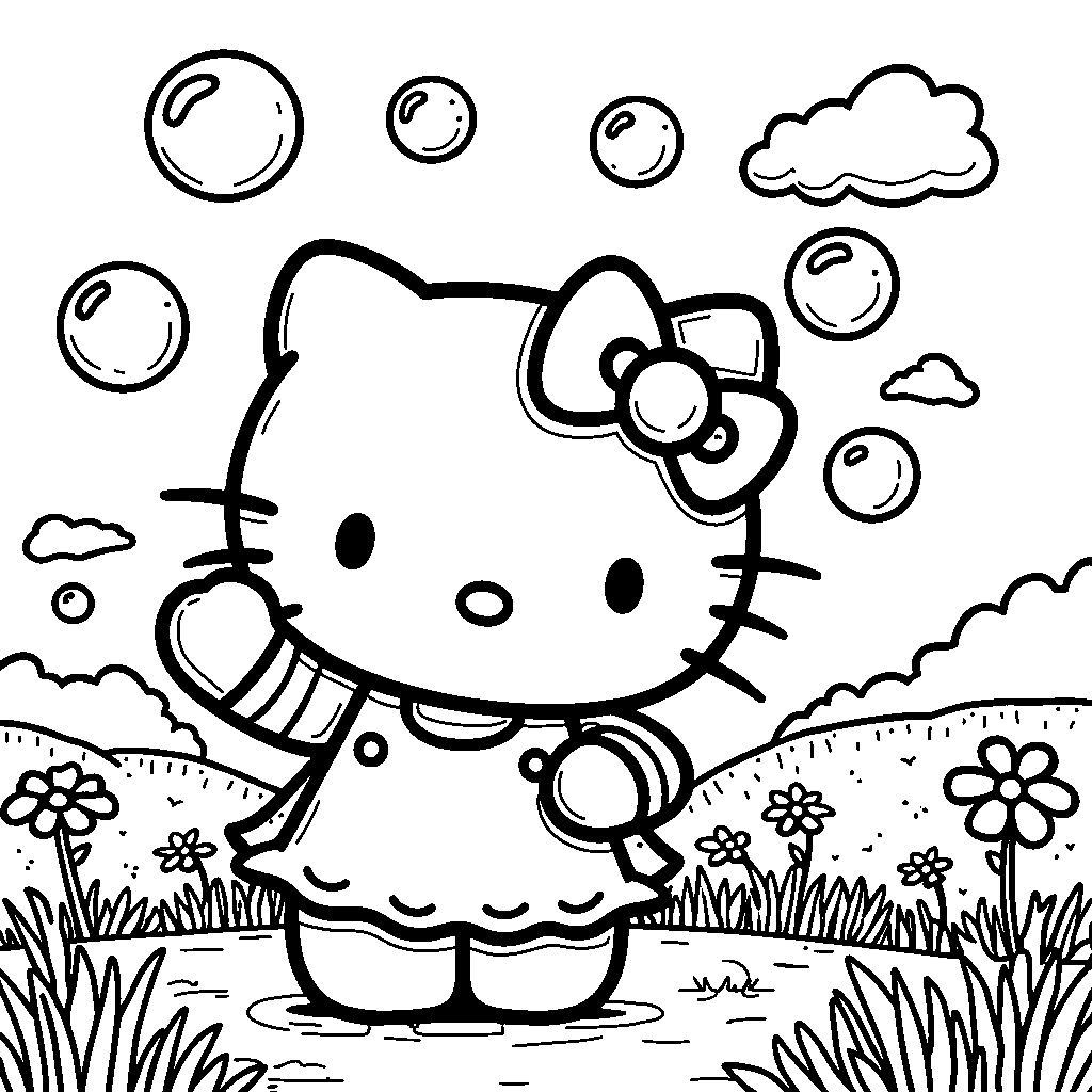 Hello Kitty playing with a bubble machine