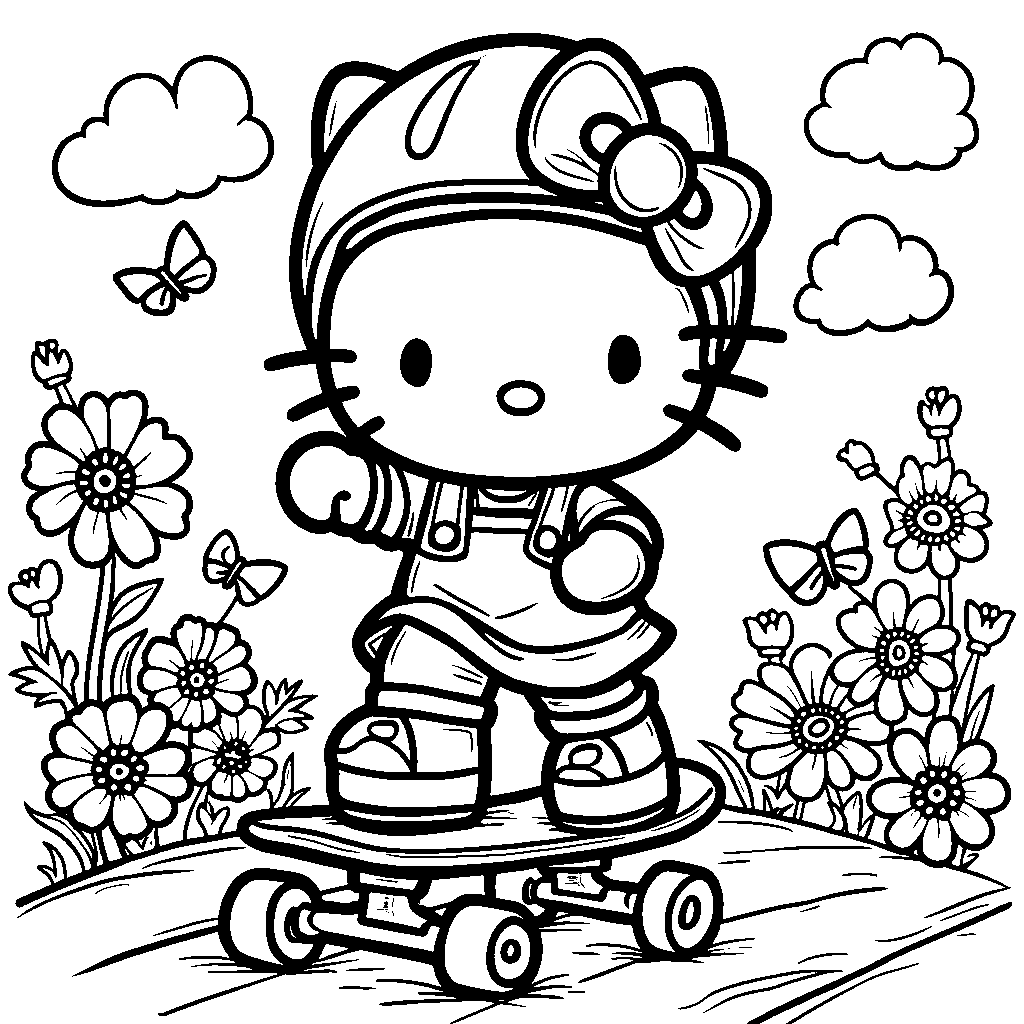 Hello Kitty riding a skateboard