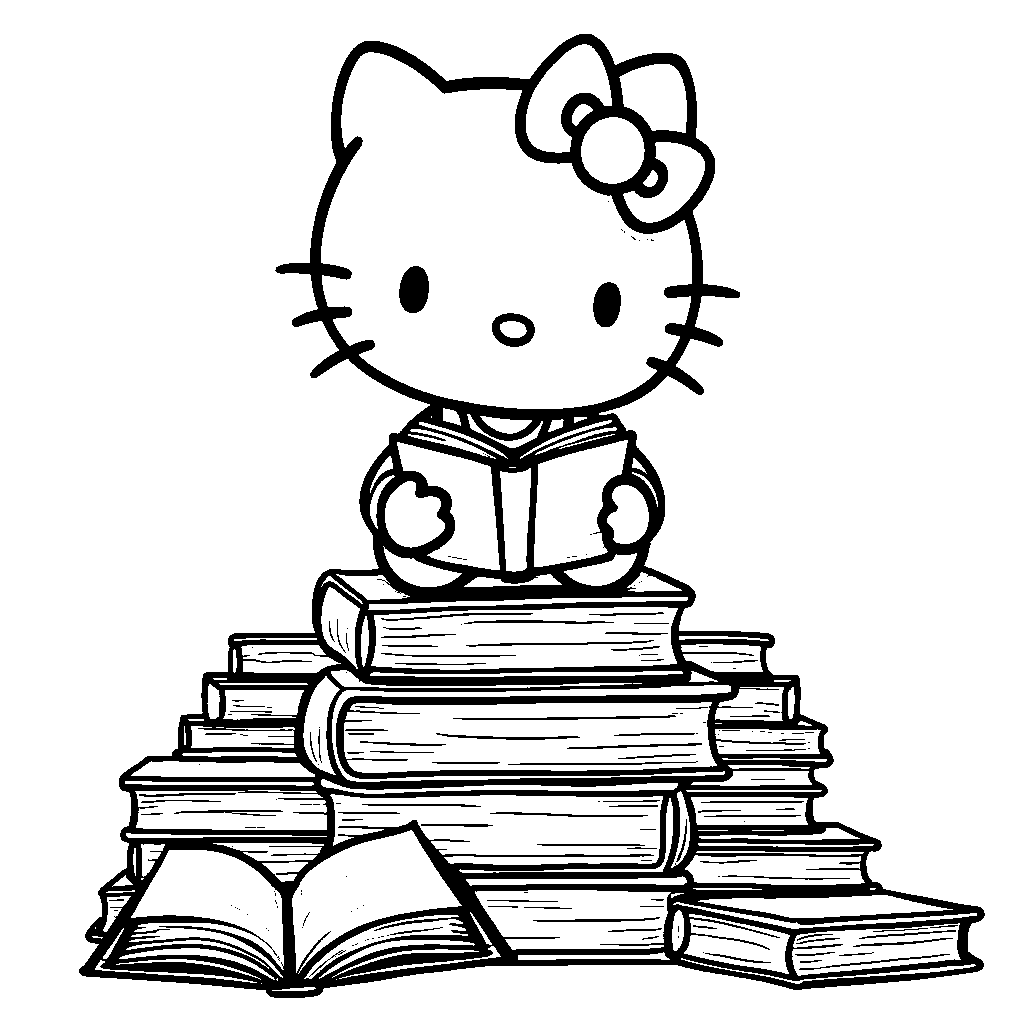 Hello Kitty sitting on a pile of books