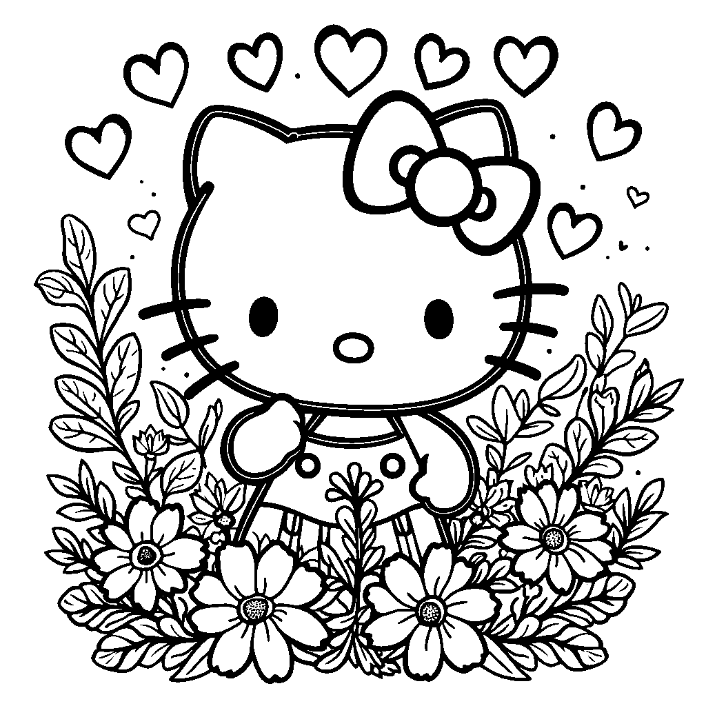 Hello Kitty surrounded by hearts and flowers