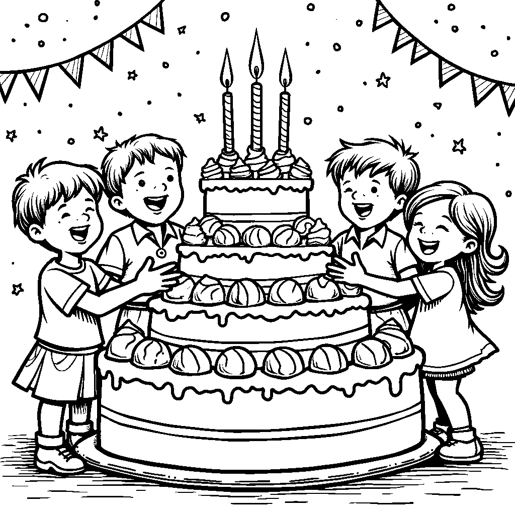 A birthday party scene with a large ice cream cake