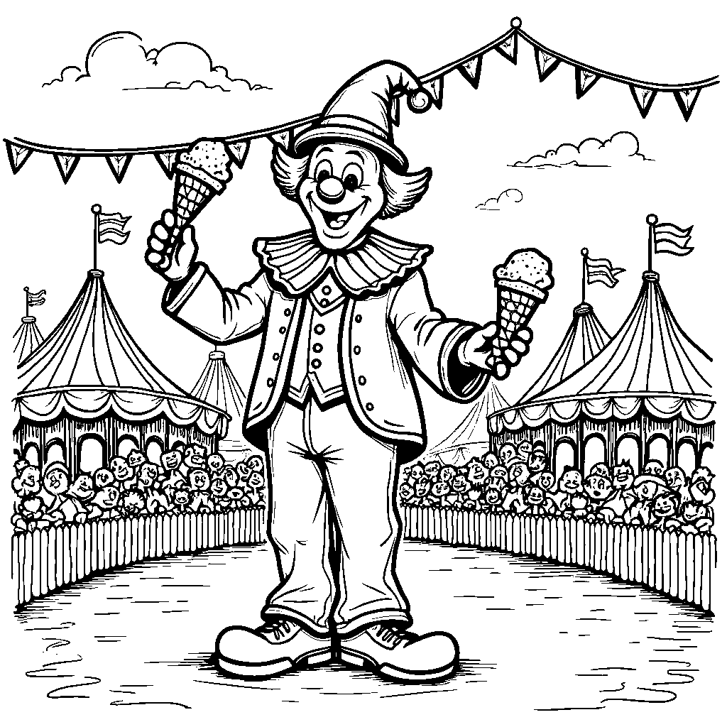 A circus with an ice cream clown juggling cones