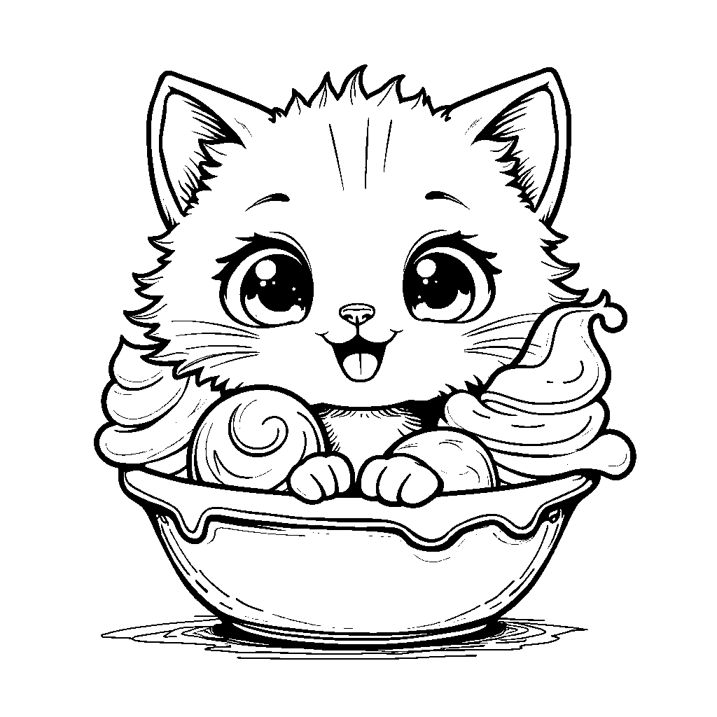 A cute ice cream kitten playing in a scoop of ice cream