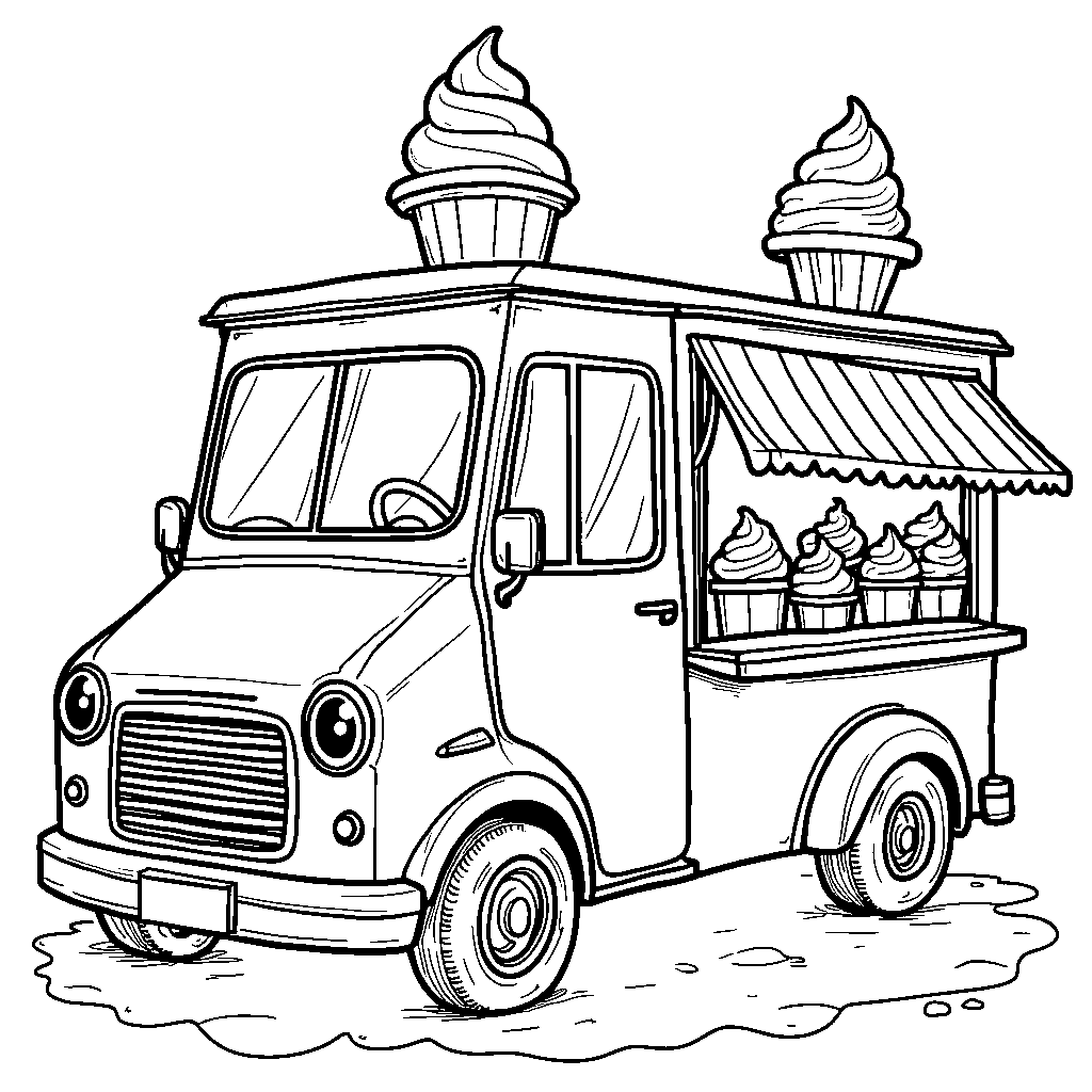 A cute ice cream truck with smiling faces on the sides