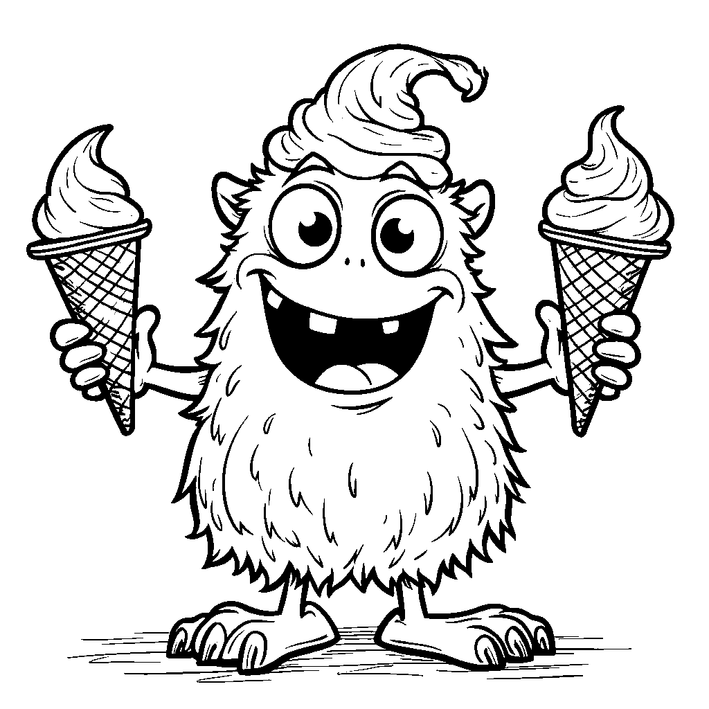 A friendly ice cream monster juggling scoops of ice cream