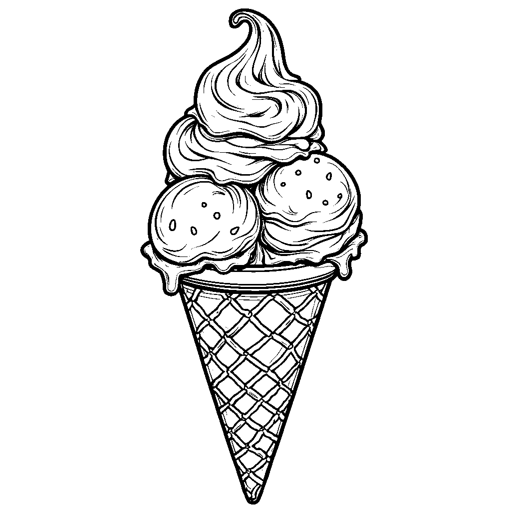 A giant ice cream cone with three scoops of colorful ice cream