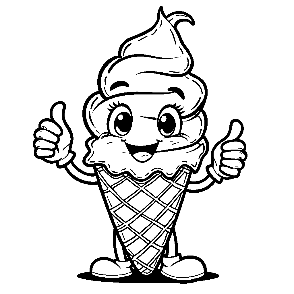 A happy ice cream cone character with arms and legs, giving a thumbs up