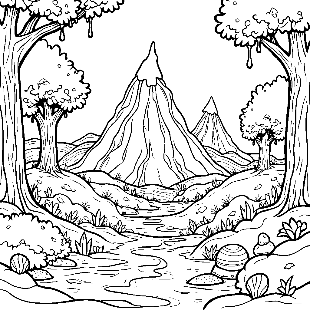 A landscape of melting ice cream hills surrounded by candy trees