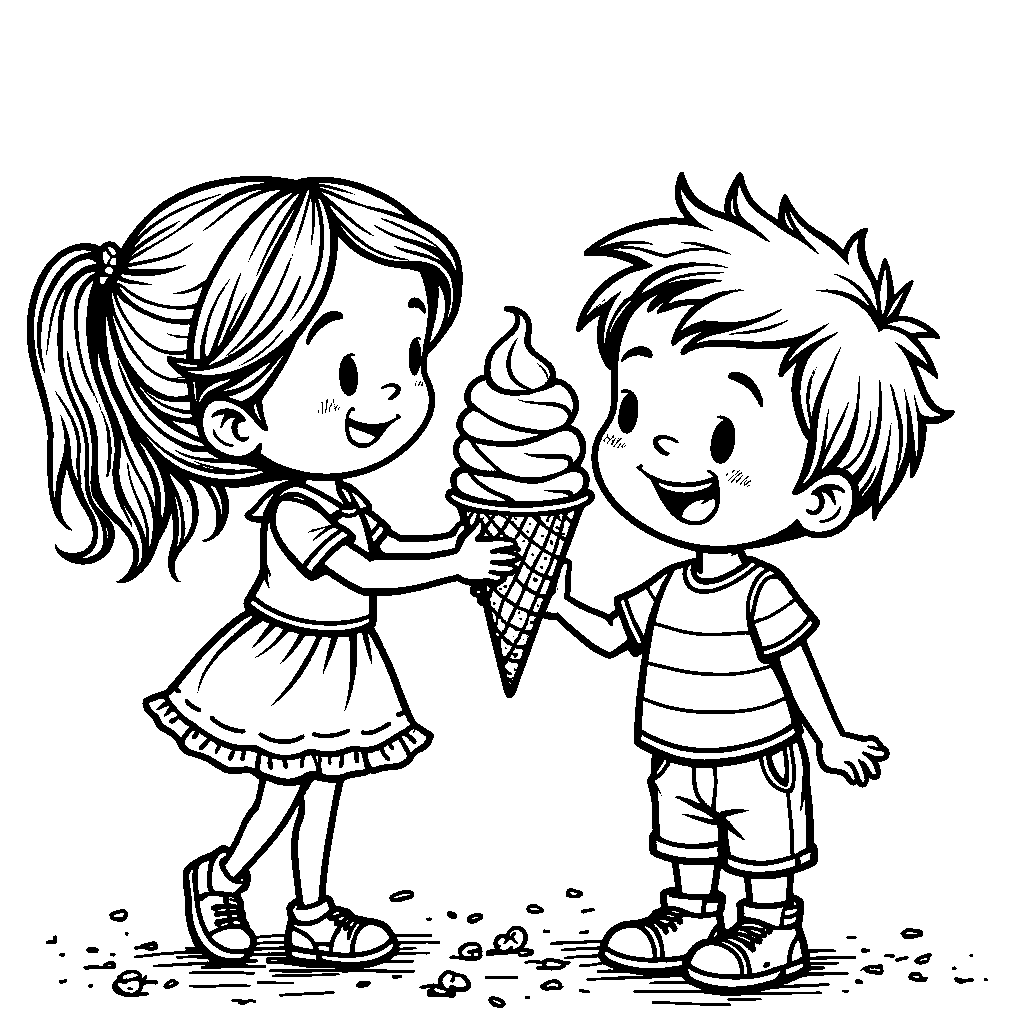 A little girl and boy sharing an ice cream cone with sprinkles