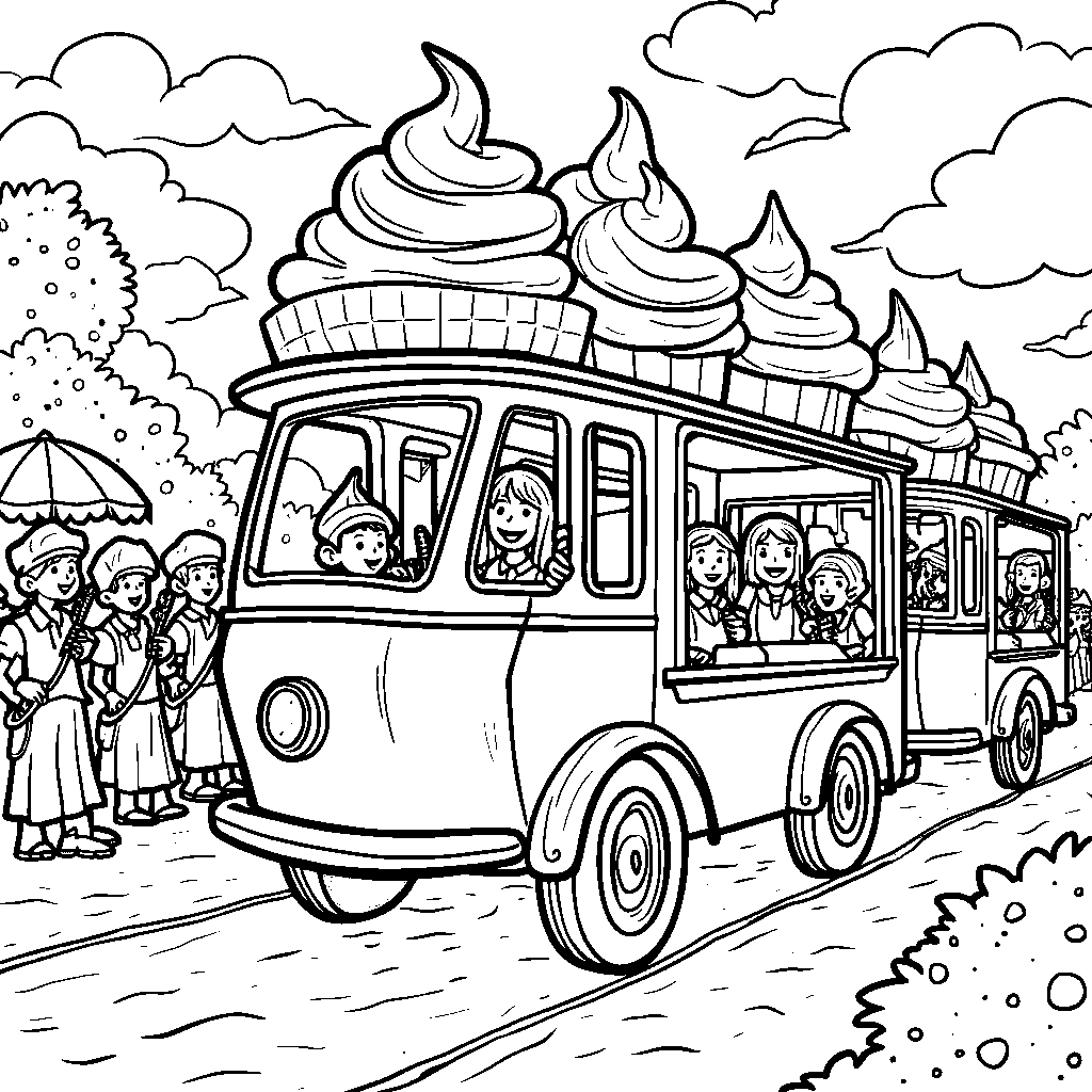 A whimsical ice cream parade with floats shaped like cones