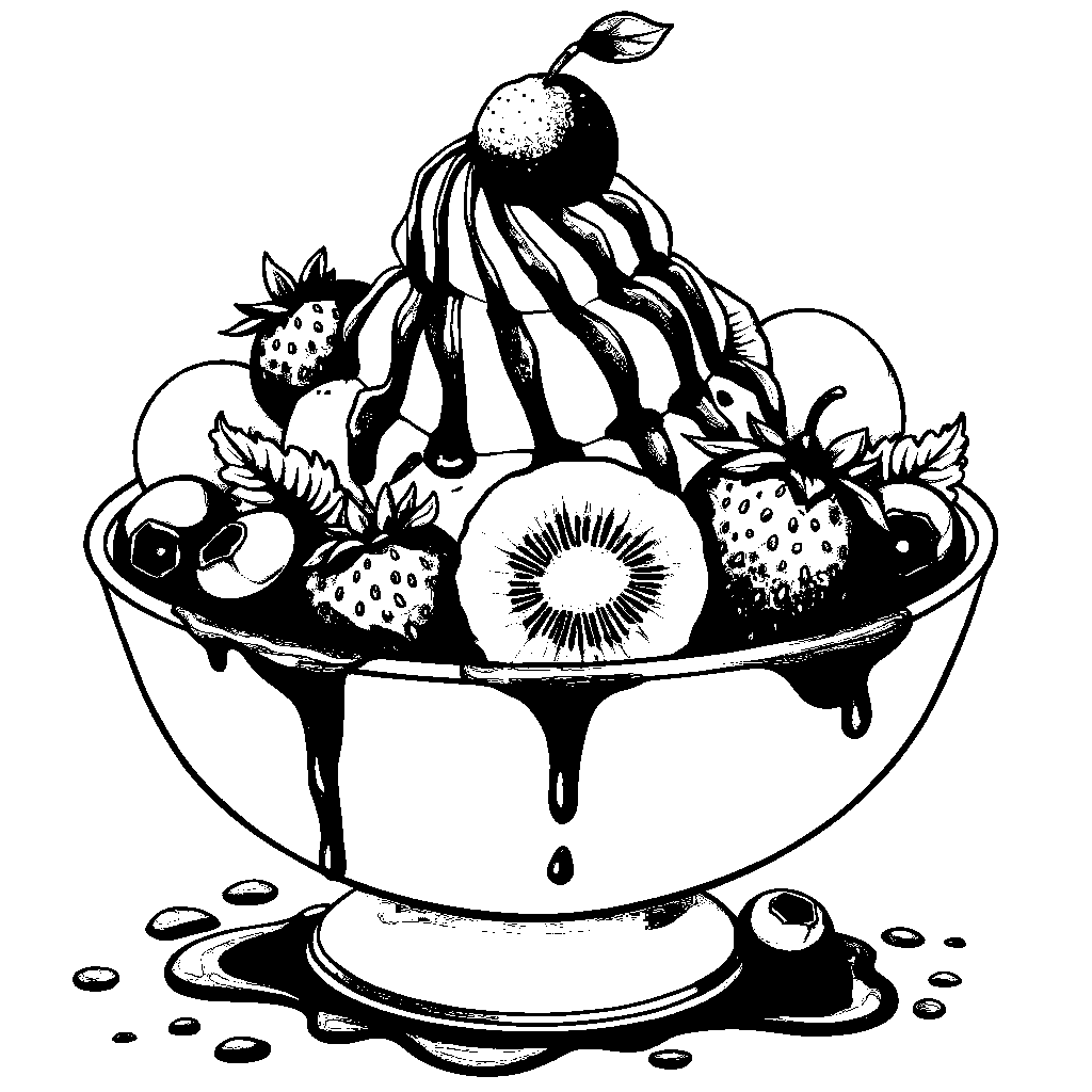 An ice cream bowl filled with various fruits and syrups