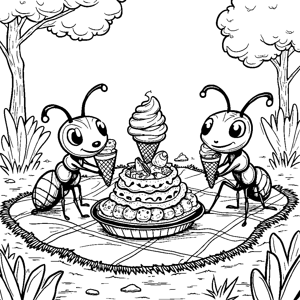 An ice cream picnic scene with ants carrying tiny ice cream cones