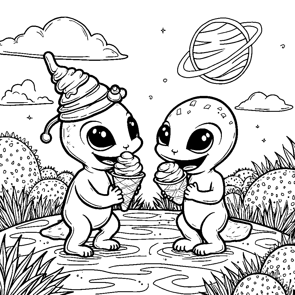 An ice cream planet with aliens enjoying ice cream treats