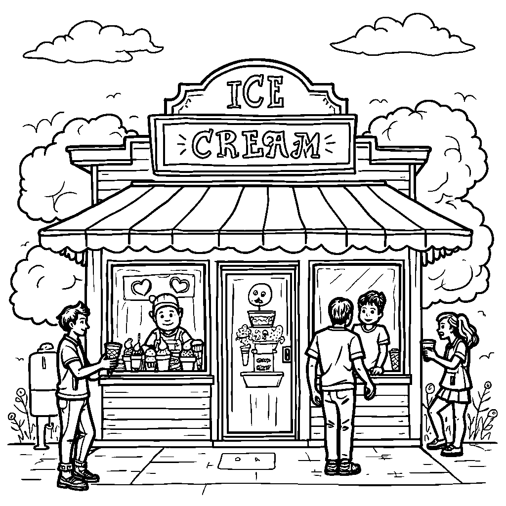 An ice cream shop with colorful storefront and happy customers