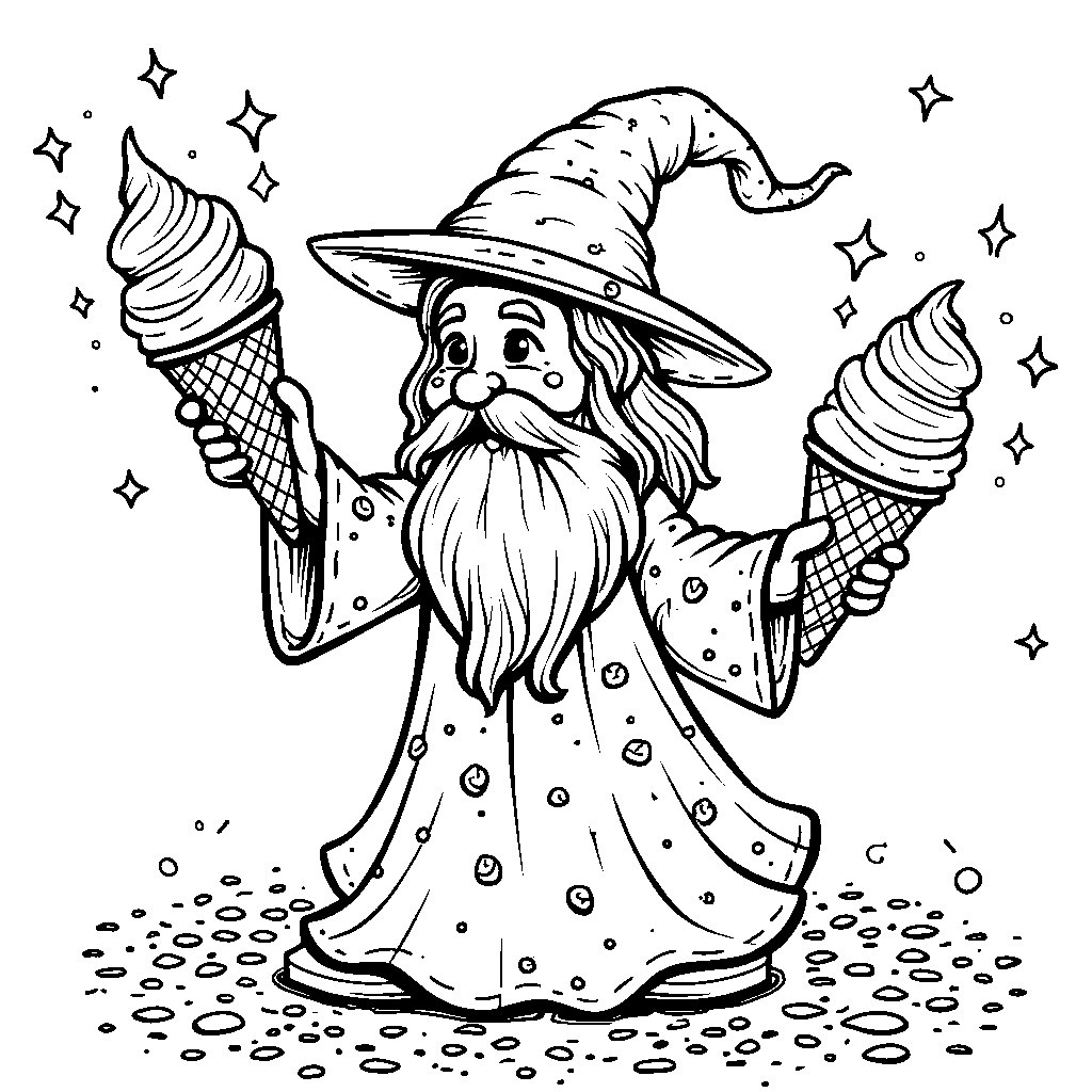 An ice cream wizard casting spells with sprinkles