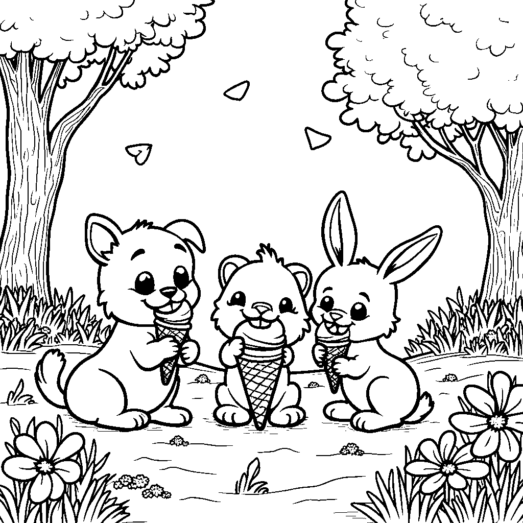 Cartoon animals enjoying ice cream cones on a sunny day