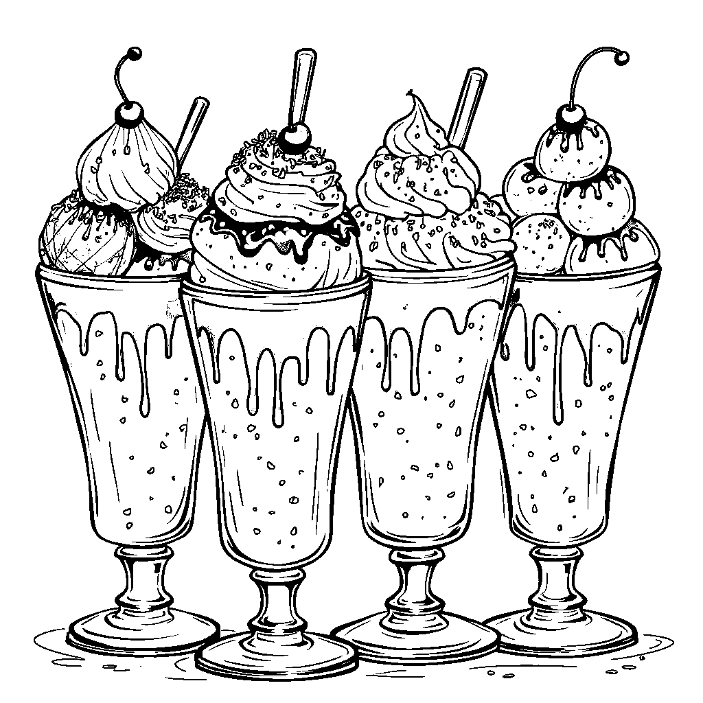 Four ice cream sundaes with toppings like sprinkles and cherries