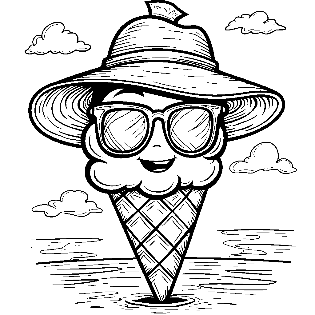 Ice cream cone wearing sunglasses and a beach hat