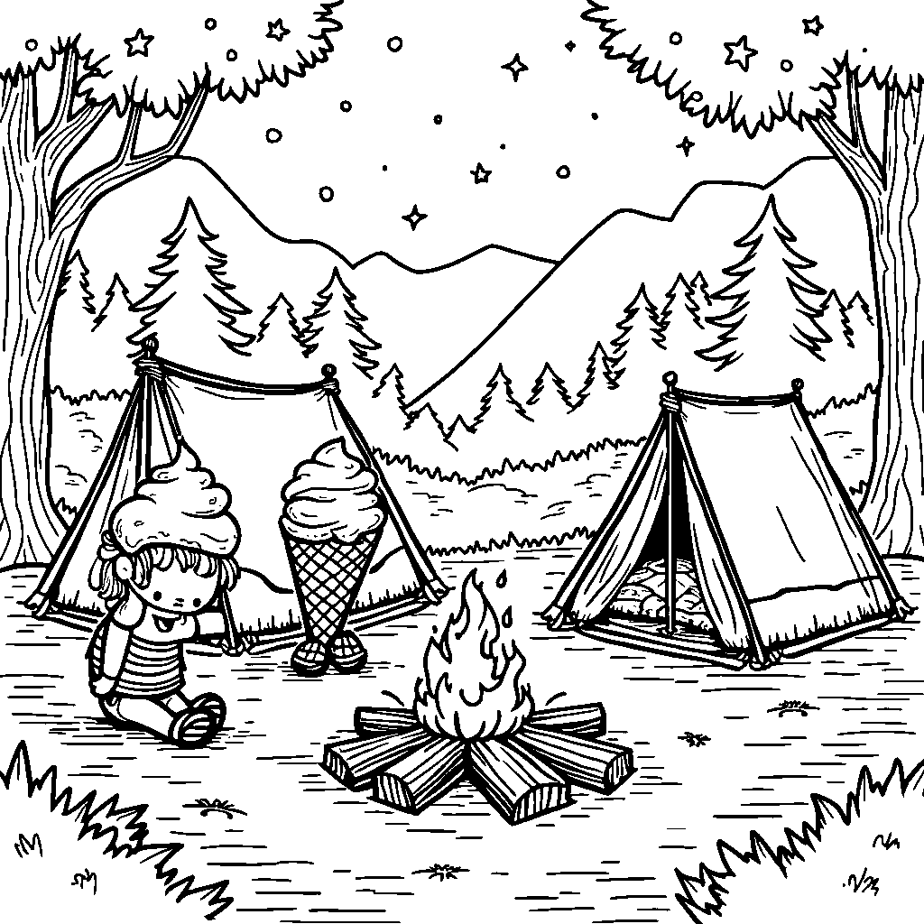 Ice cream cones camping in the woods with a campfire