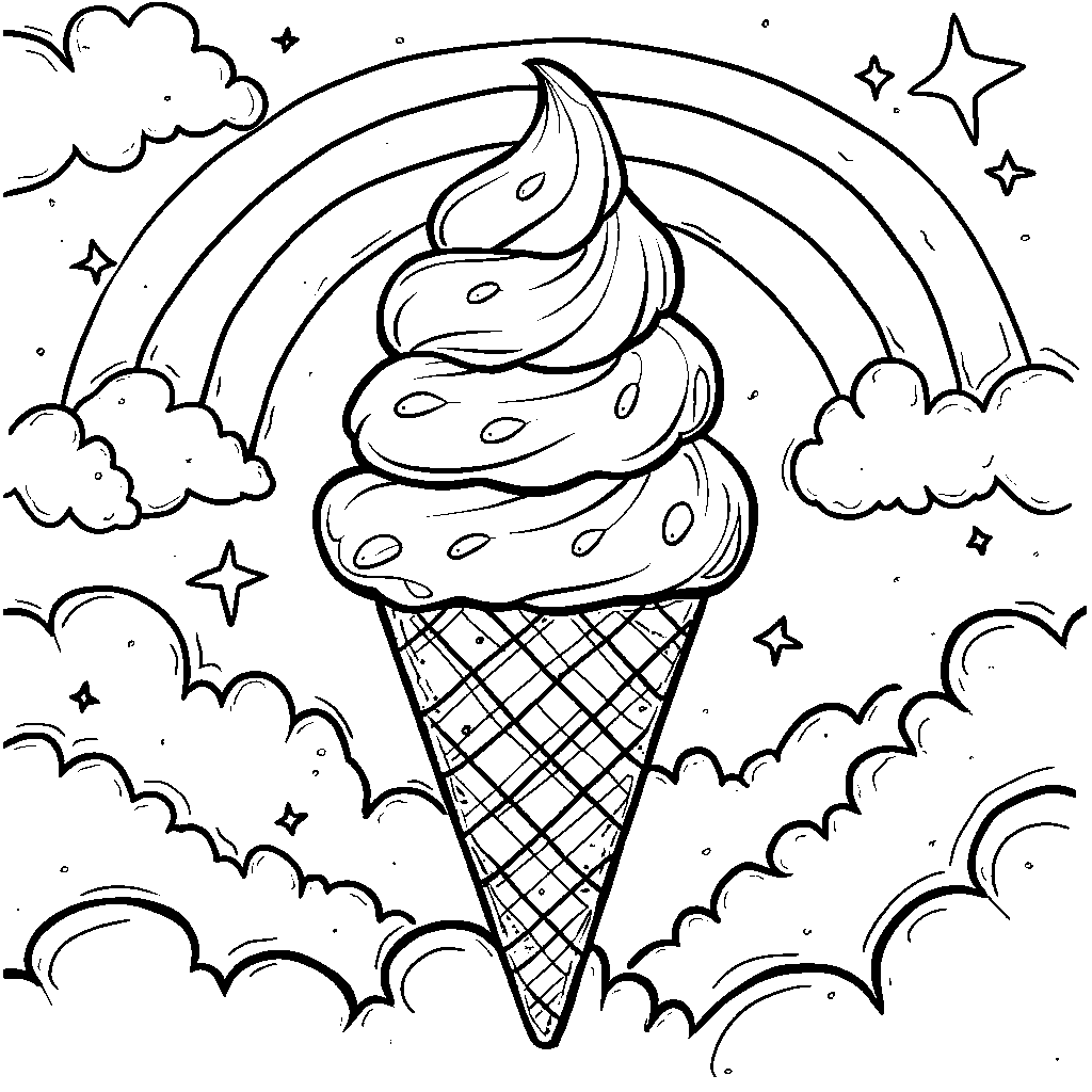 A rainbow ice cream cone with clouds and stars in the background