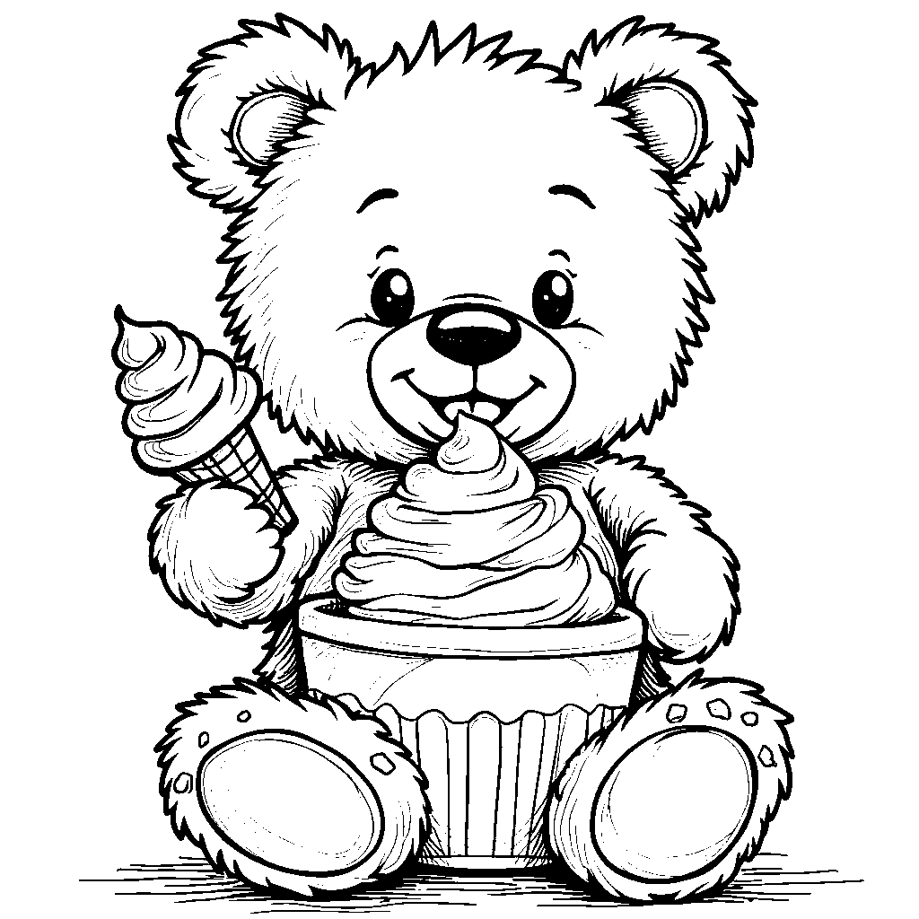 A teddy bear holding a giant ice cream cupcake