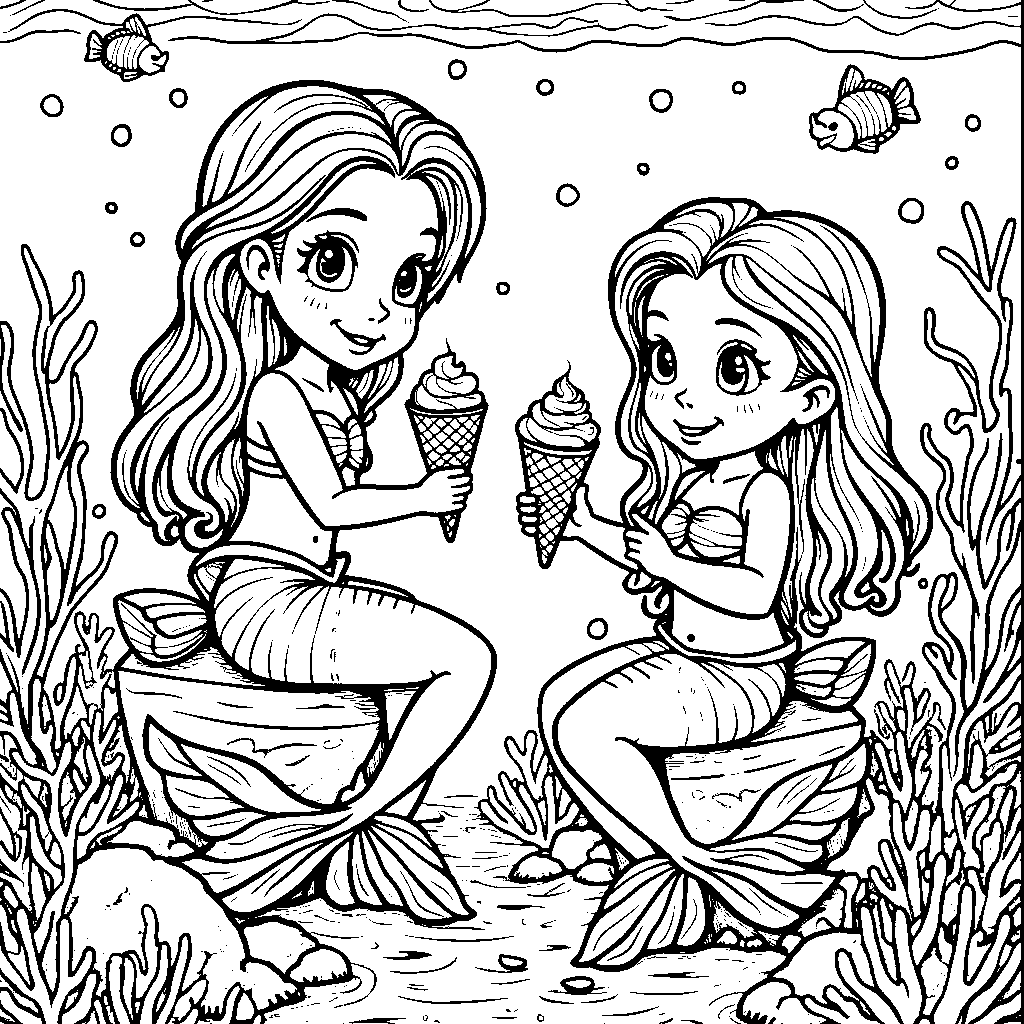 An underwater scene with mermaids enjoying ice cream