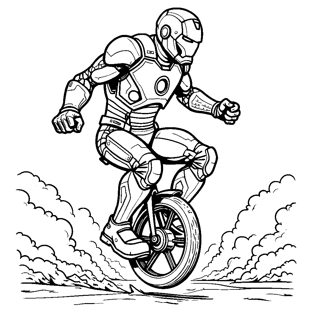 A silly Iron Man riding a unicycle