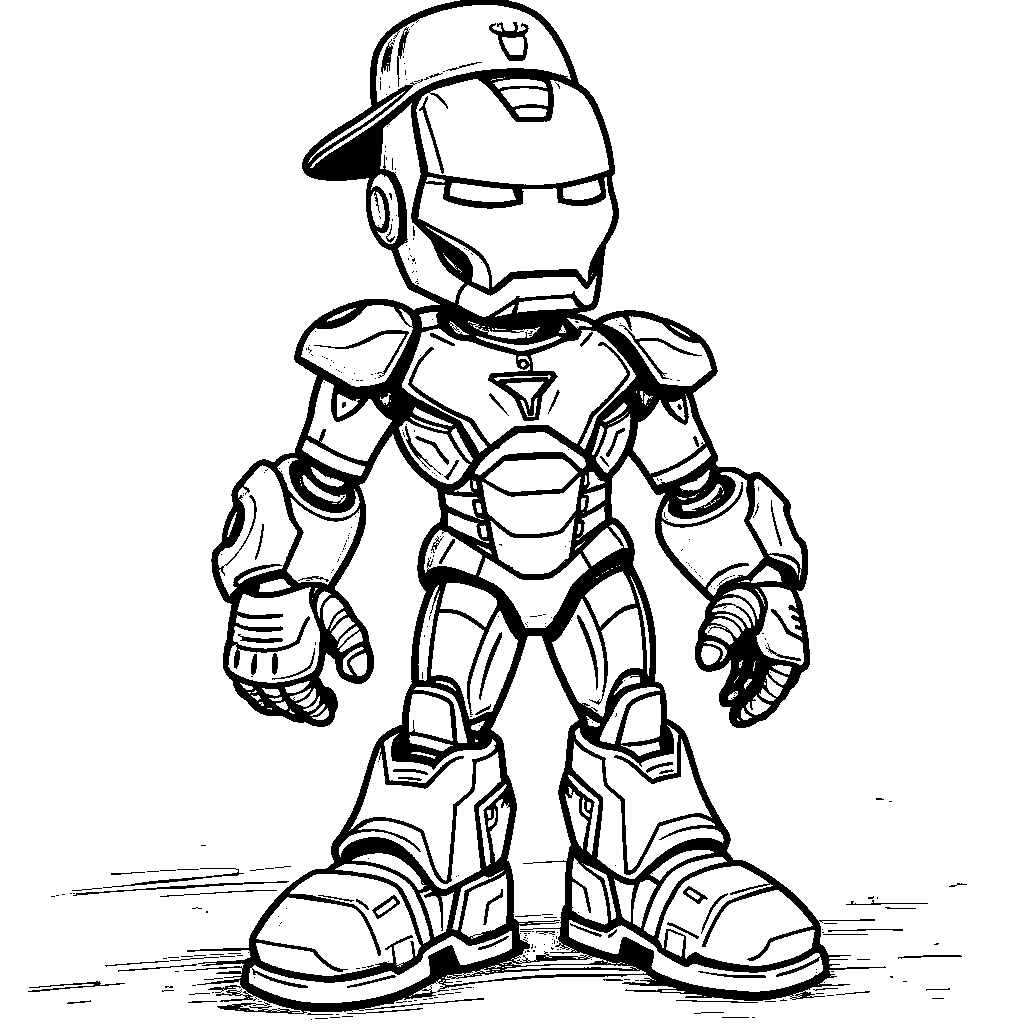 A whimsical version of Iron Man with big shoes and a funny hat