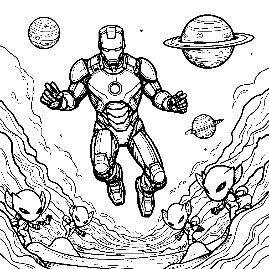 An adventurous Iron Man exploring outer space with aliens