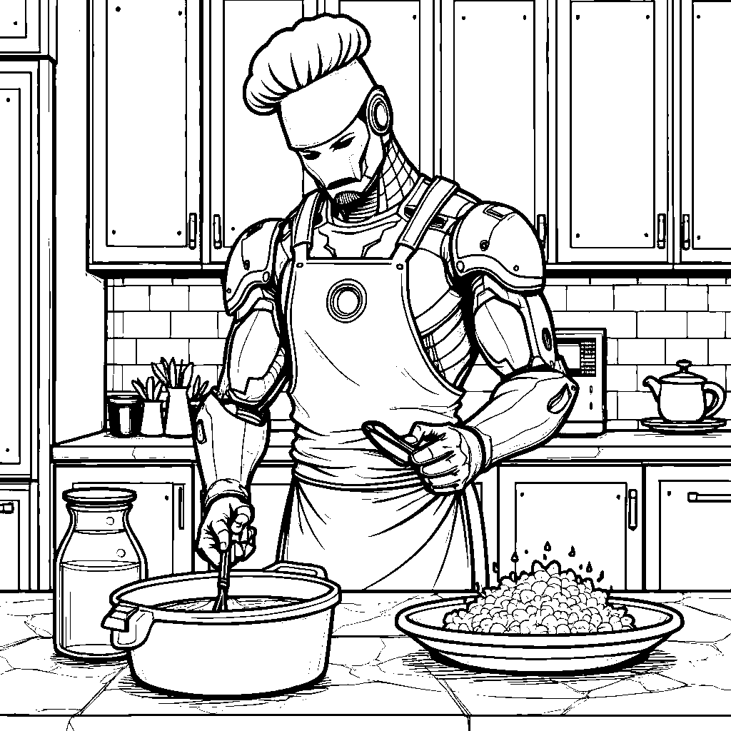 A cartoon Iron Man cooking in a kitchen