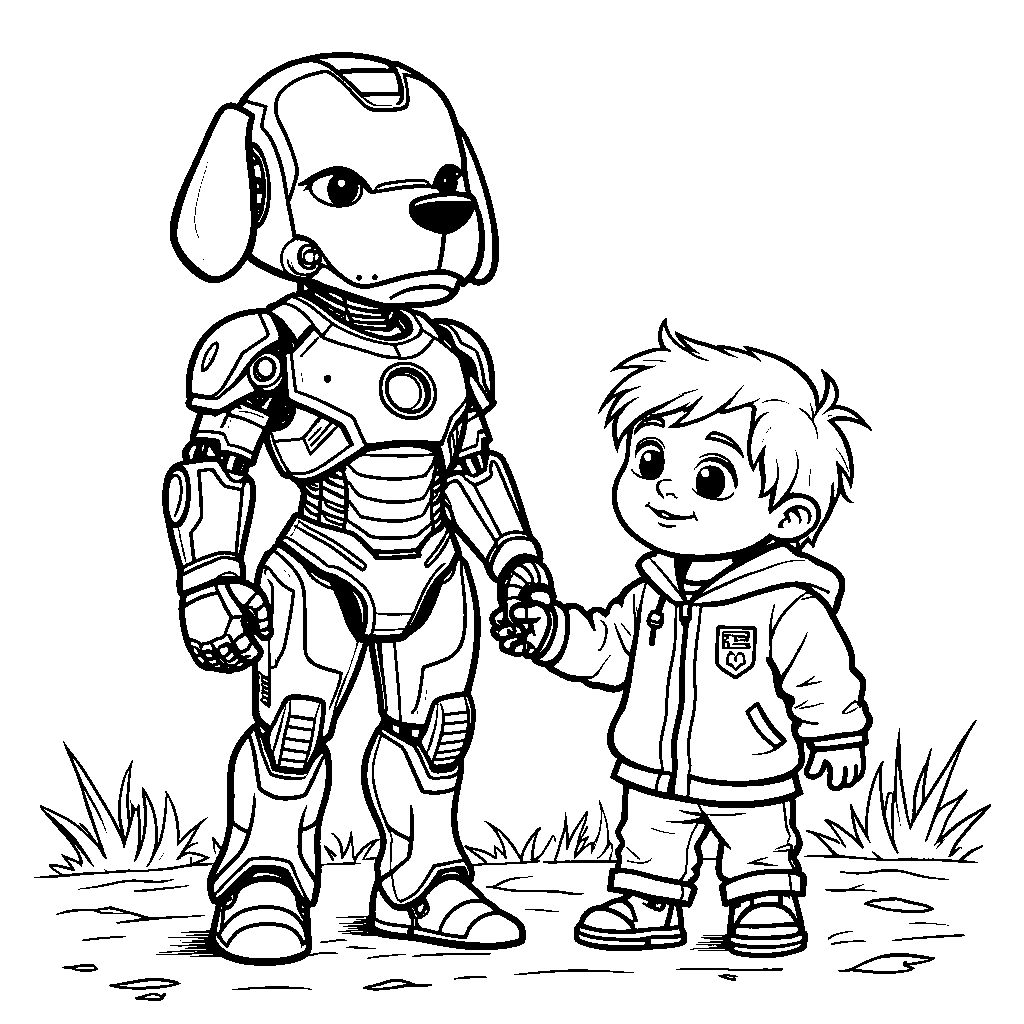 Iron Man as a robot dog next to a small child