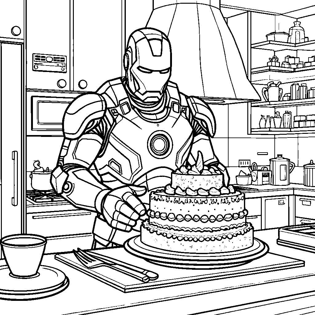 Iron Man as a superhero chef making a giant cake