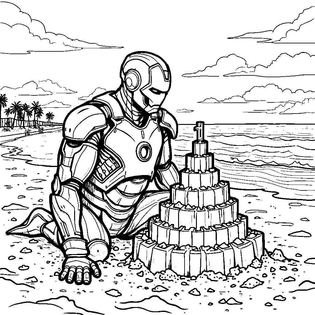 Iron Man at a beach building sandcastles