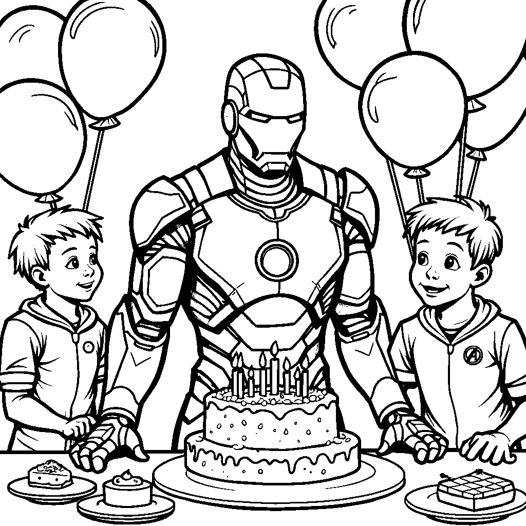 Iron Man celebrating a birthday party with balloons