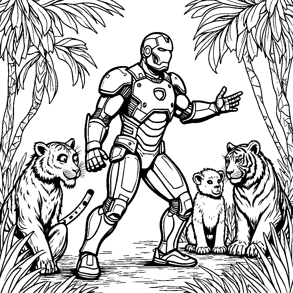 Iron Man exploring a jungle filled with friendly animals