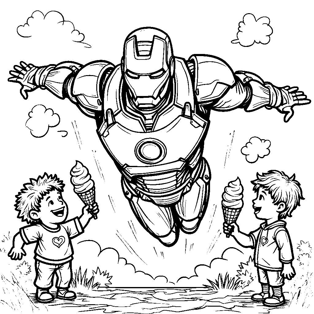 Iron Man flying around giving out ice cream