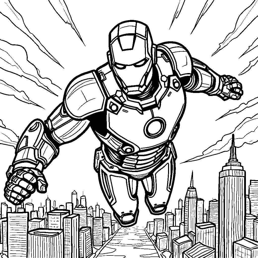 Iron Man flying through the sky with a city backdrop