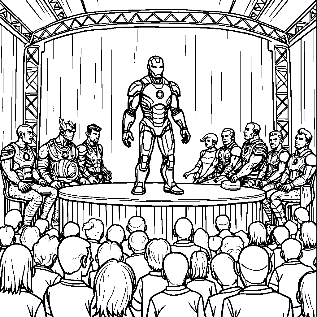 Iron Man hosting a superhero talent show