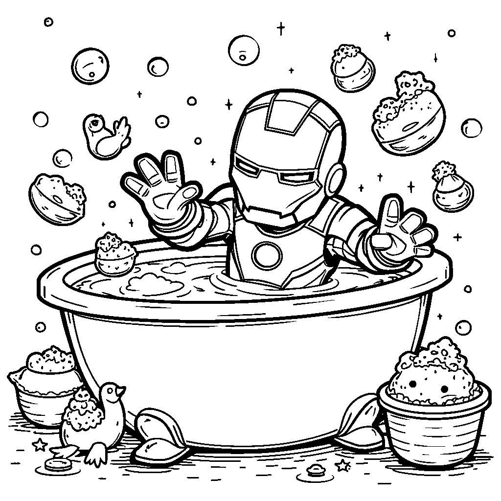 Iron Man in a bubble bath with floating toys