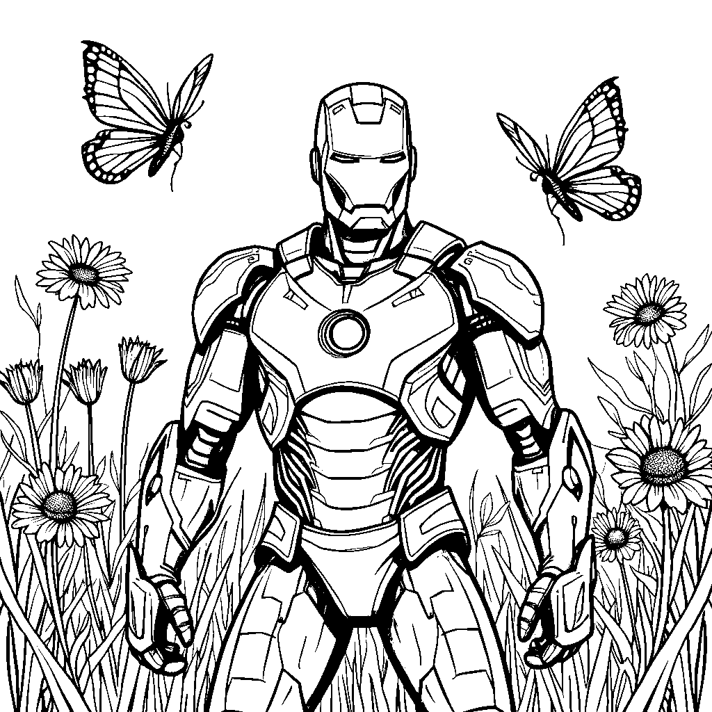 Iron Man in a colorful garden with butterflies