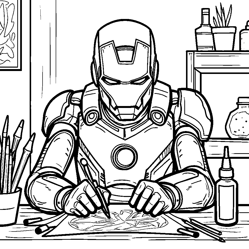 Iron Man in a craft corner creating fun art