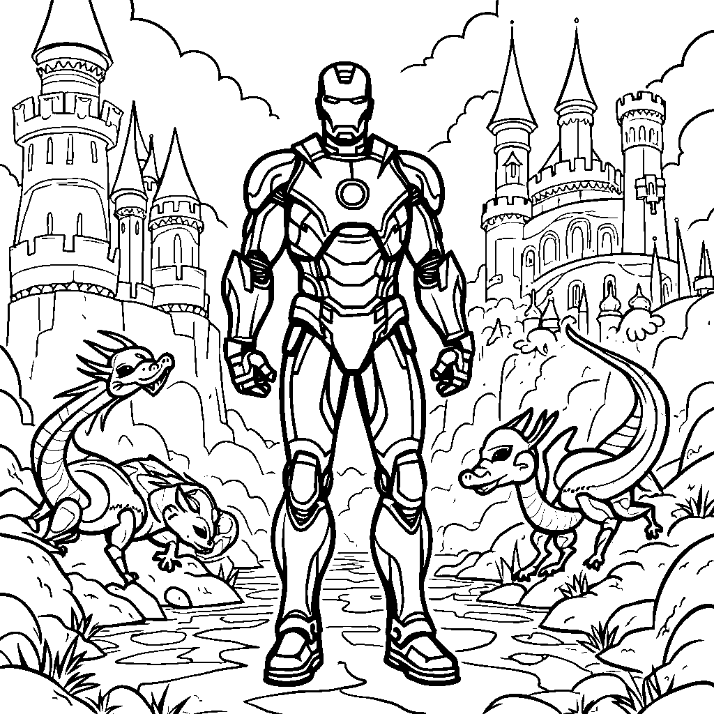 Iron Man in a fantasy castle with dragons