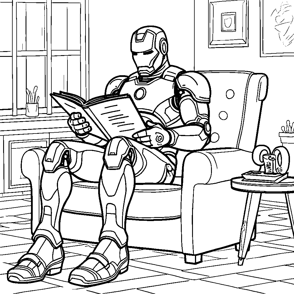 Iron Man in a relaxed pose, reading a comic book