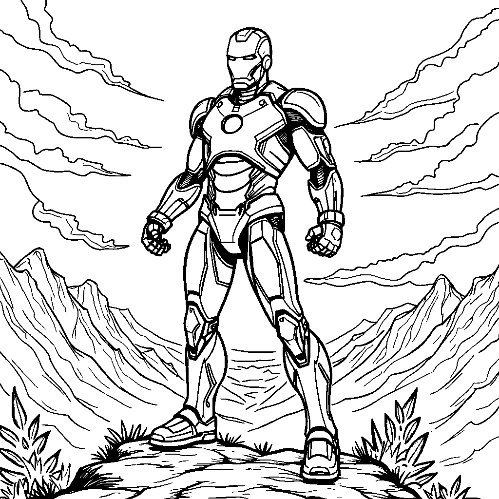 Iron Man in a superhero pose on a mountain peak