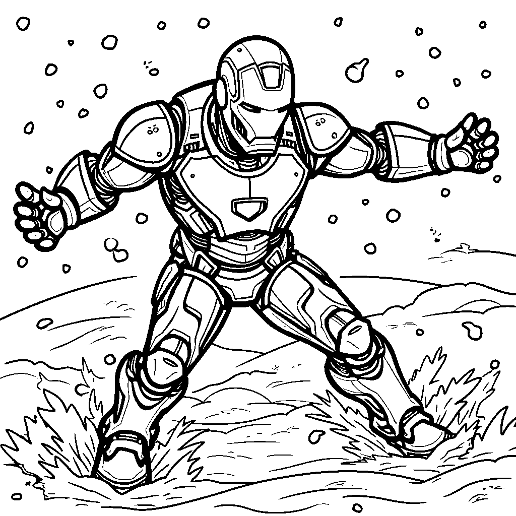 Iron Man in a winter wonderland, making snow angels