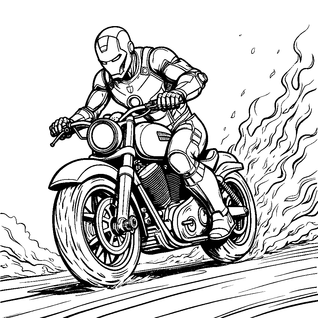 Iron Man on a speedy motorcycle with flames behind him