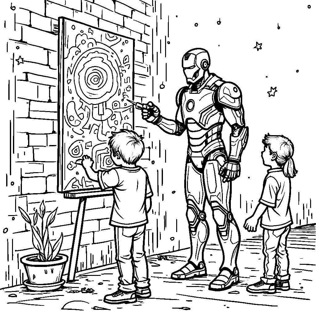 Iron Man painting a mural with kids