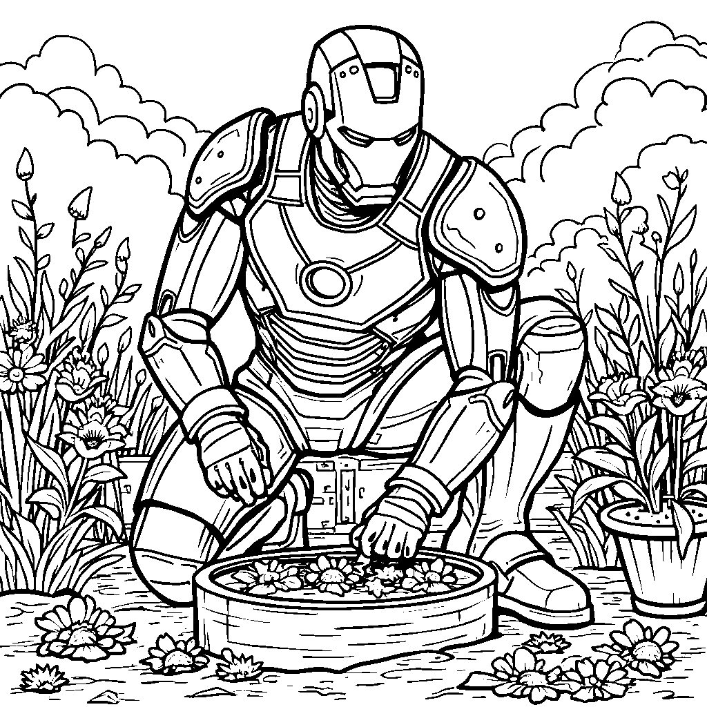 Iron Man planting flowers in a community garden