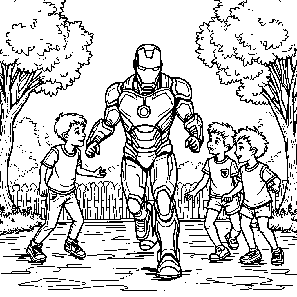 Iron Man playing with a group of kids